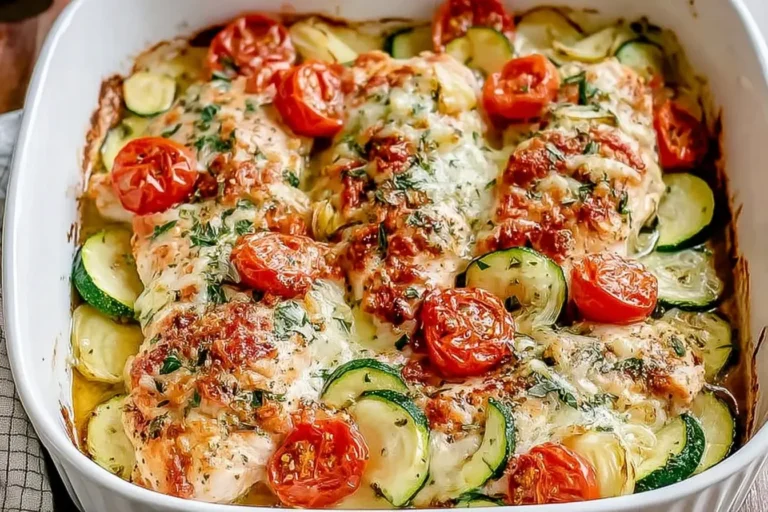 Baked Sheet Pan Mediterranean Chicken and Zucchini with cherry tomatoes, herbs, and melted cheese in a white casserole dish.