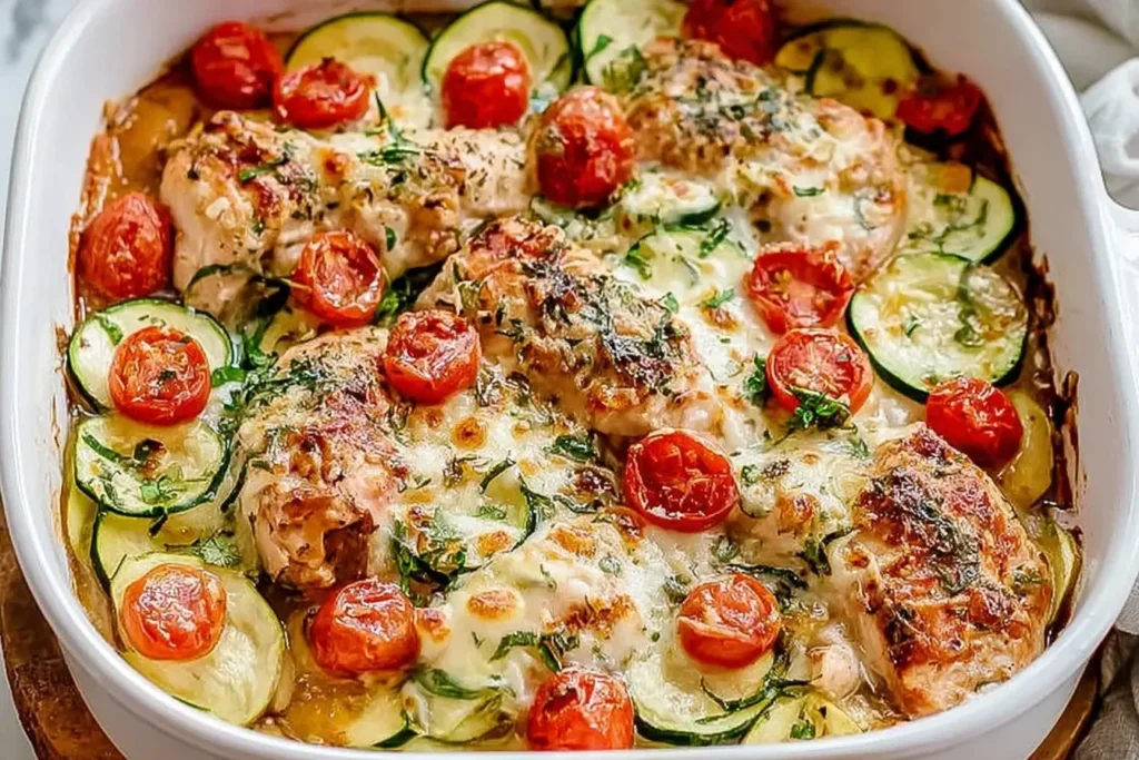 Sheet Pan Mediterranean Chicken and Zucchini baked with cherry tomatoes, zucchini slices, and melted cheese in a white casserole dish.