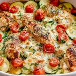 Sheet Pan Mediterranean Chicken and Zucchini baked with cherry tomatoes, zucchini slices, and melted cheese in a white casserole dish.