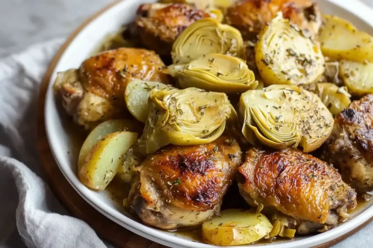 Giada De Laurentiis Chicken Vesuvio featuring crispy chicken thighs, tender potatoes, and marinated artichokes in a rich herb-infused sauce.