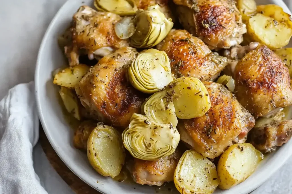A hearty serving of Giada De Laurentiis Chicken Vesuvio with crispy chicken thighs, golden potatoes, and tender artichoke hearts on a white plate.
