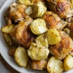 A hearty serving of Giada De Laurentiis Chicken Vesuvio with crispy chicken thighs, golden potatoes, and tender artichoke hearts on a white plate.