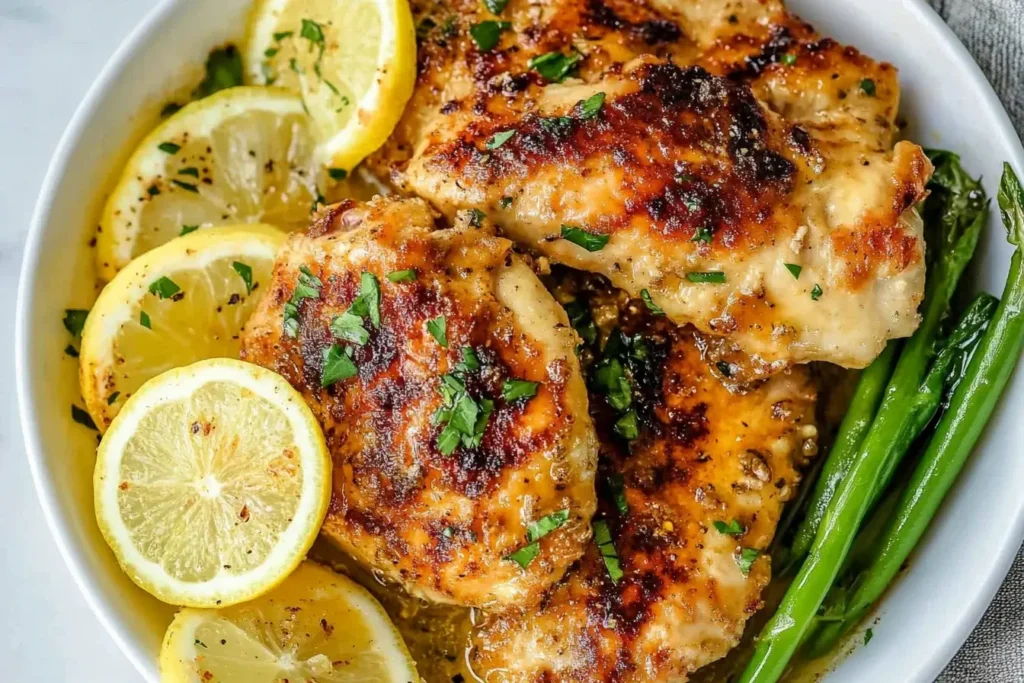 Close-up of Lemon Chicken Recipe with golden-browned chicken, lemon slices, and green beans in a white bowl.