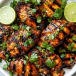Grilled chicken thighs marinated in chili lime marinade, garnished with cilantro and lime halves.