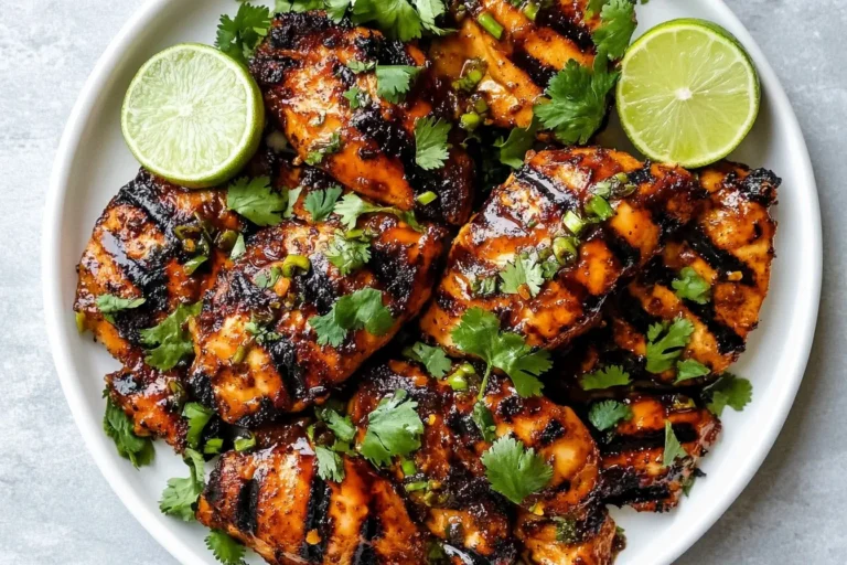 Grilled chicken thighs marinated in chili lime marinade, garnished with cilantro and lime halves.