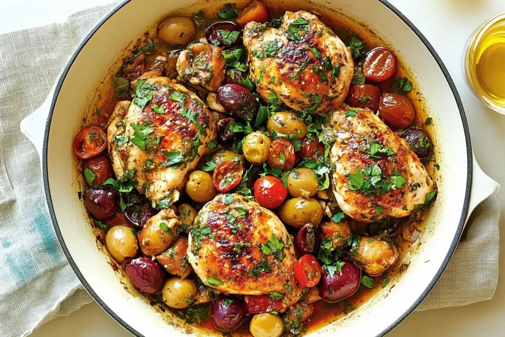 Mediterranean Chicken Skillet with juicy chicken thighs, olives, cherry tomatoes, and herbs in a white cast iron skillet.