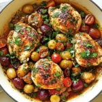 Mediterranean Chicken Skillet with juicy chicken thighs, olives, cherry tomatoes, and herbs in a white cast iron skillet.