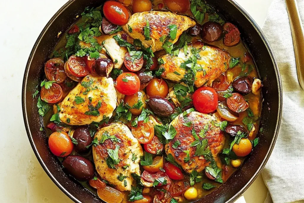 Mediterranean Chicken Skillet with cherry tomatoes, Kalamata olives, and fresh parsley in a black sauté pan.