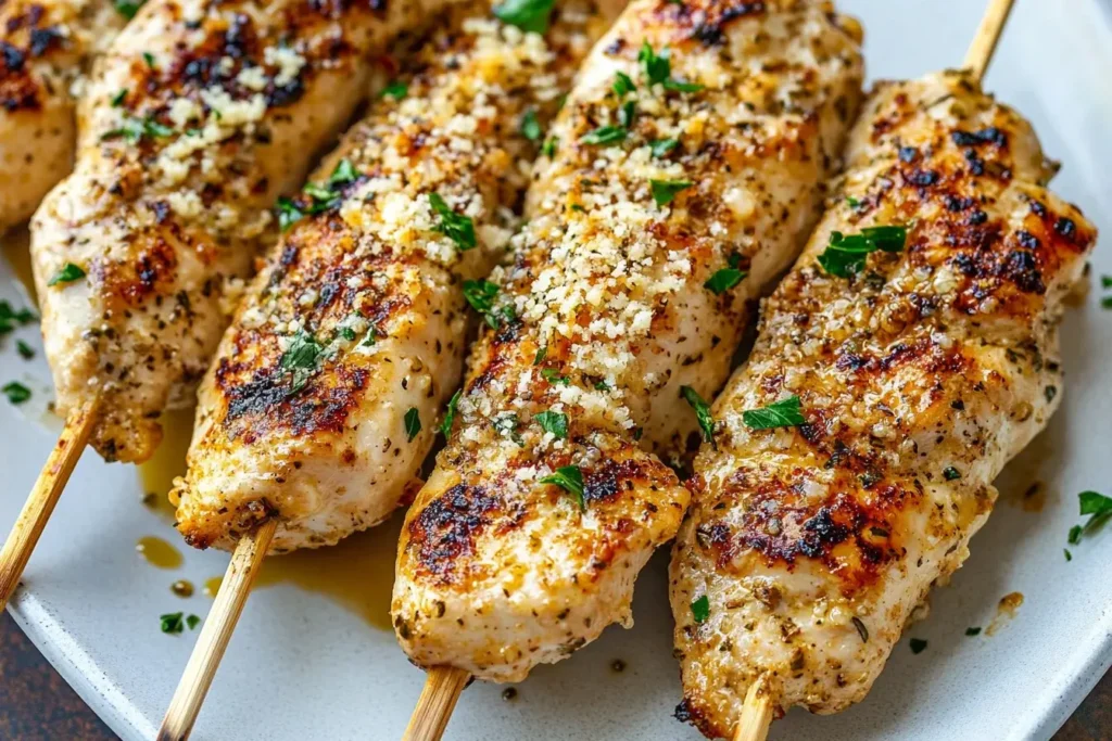 Grilled skewers of Garlic Parmesan Grilled Chicken topped with fresh parsley and grated Parmesan cheese.