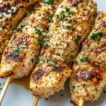 Grilled skewers of Garlic Parmesan Grilled Chicken topped with fresh parsley and grated Parmesan cheese.