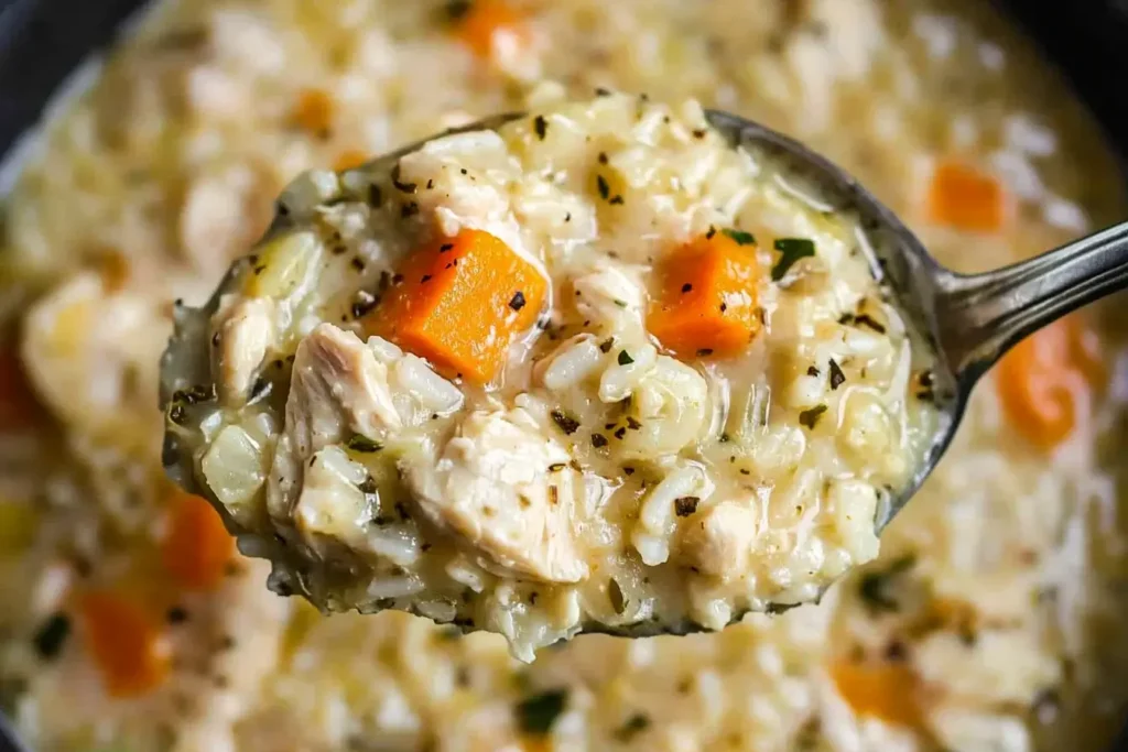 Close-up of creamy Crack Chicken and Rice Soup with tender chicken, carrots, and rice on a spoon.