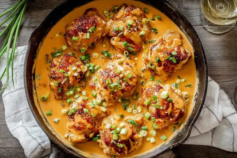 Skillet Bang Bang Chicken Thighs simmering in spicy-sweet sauce and topped with green onions.