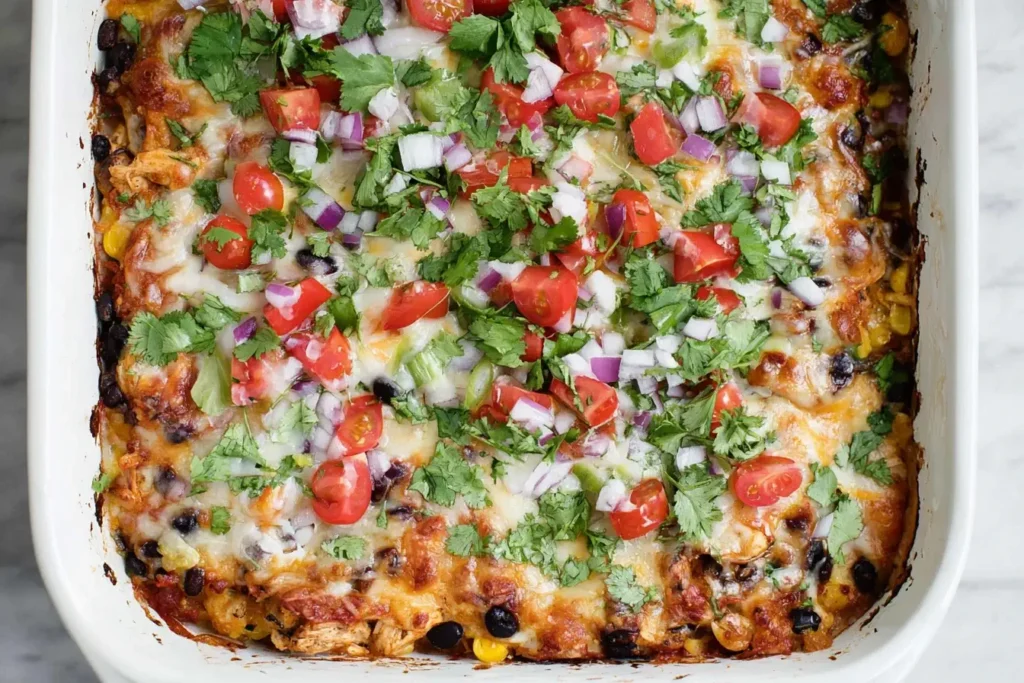 Chicken Burrito Casserole baked in a white dish, topped with melted cheese, cherry tomatoes, red onions, cilantro, and black beans.