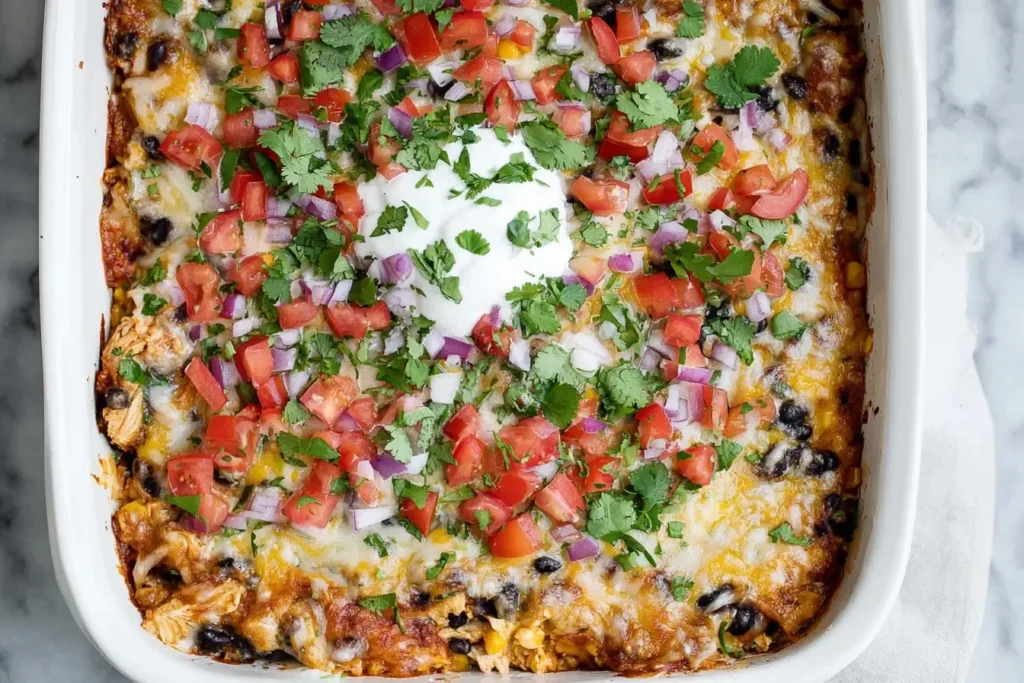 Chicken Burrito Casserole topped with melted cheese, fresh tomatoes, red onions, cilantro, and a dollop of sour cream in a white baking dish.