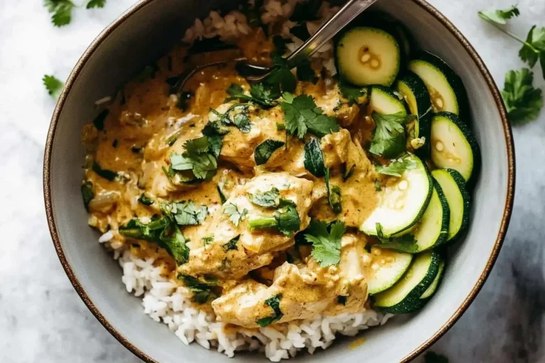 Lemongrass Chicken with Rice and Zucchini topped with cilantro and fresh zucchini slices in a bowl.