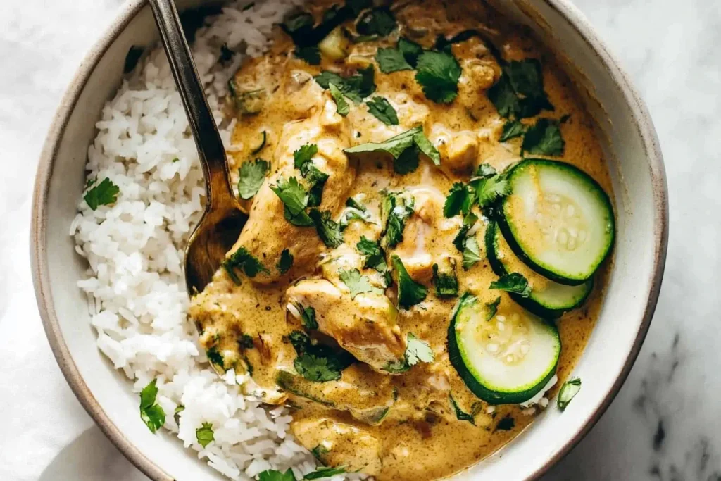 Creamy Lemongrass Chicken with Rice and Zucchini topped with fresh cilantro and sliced zucchini in a bowl.