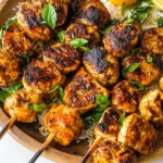 Grilled Lemon Basil Chicken Kebabs served on skewers with rice and fresh basil