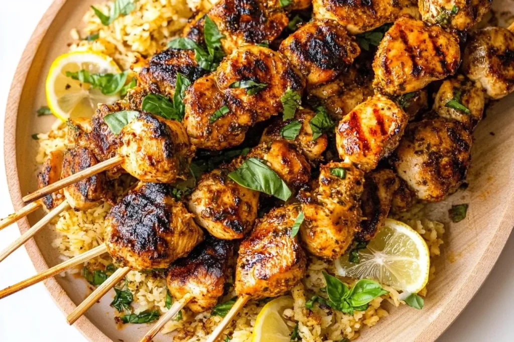Grilled Lemon Basil Chicken Kebabs served over rice with fresh basil and lemon slices