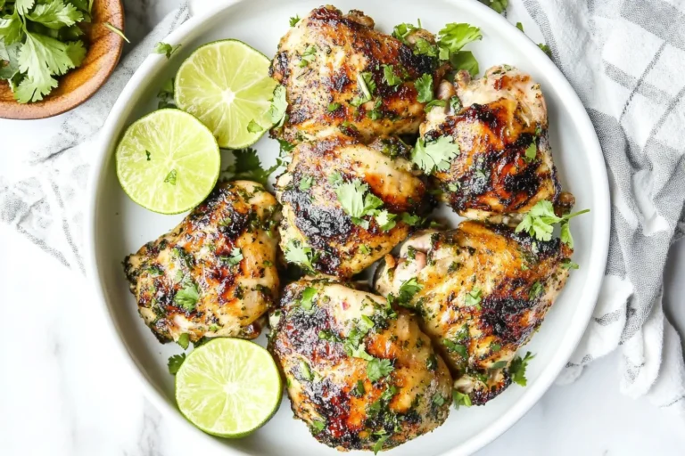 Grilled cilantro lime chicken thighs garnished with fresh cilantro and lime slices on a white plate.