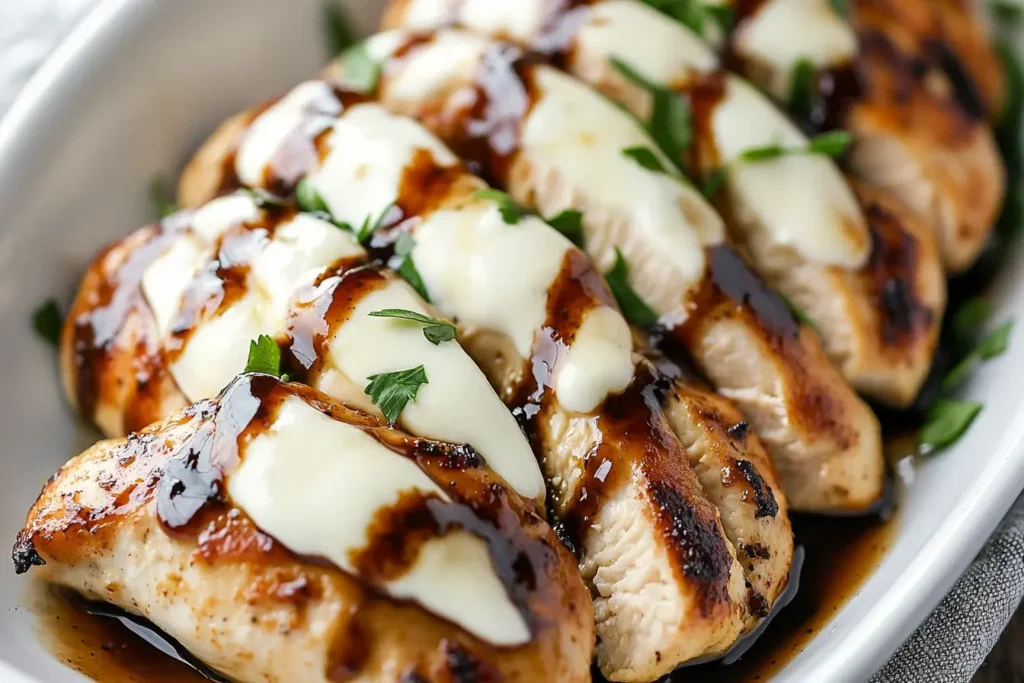 Balsamic Baked Chicken Breast with Mozzarella Cheese served in a white dish, topped with fresh herbs and balsamic glaze.