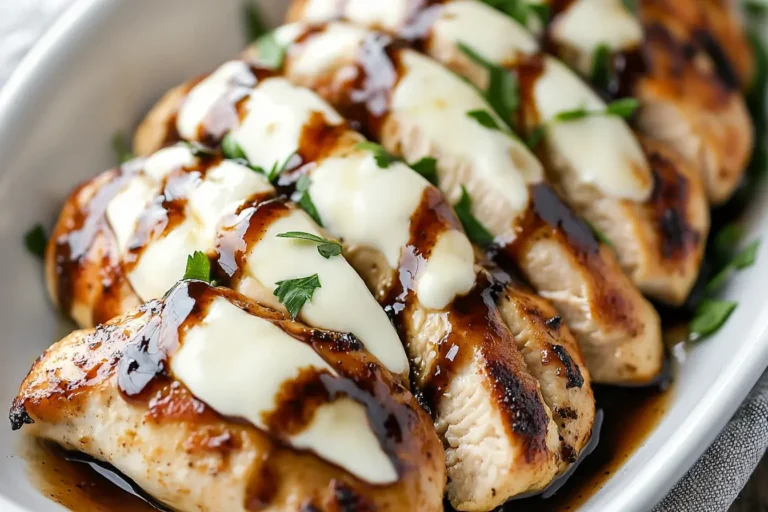 Balsamic Baked Chicken Breast with Mozzarella Cheese served in a white dish, topped with fresh herbs and balsamic glaze.