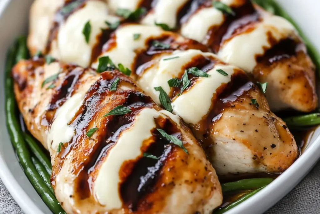 Close-up of Balsamic Baked Chicken Breast with Mozzarella Cheese garnished with fresh herbs and served over green beans.