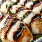 Close-up of Balsamic Baked Chicken Breast with Mozzarella Cheese garnished with fresh herbs and served over green beans.