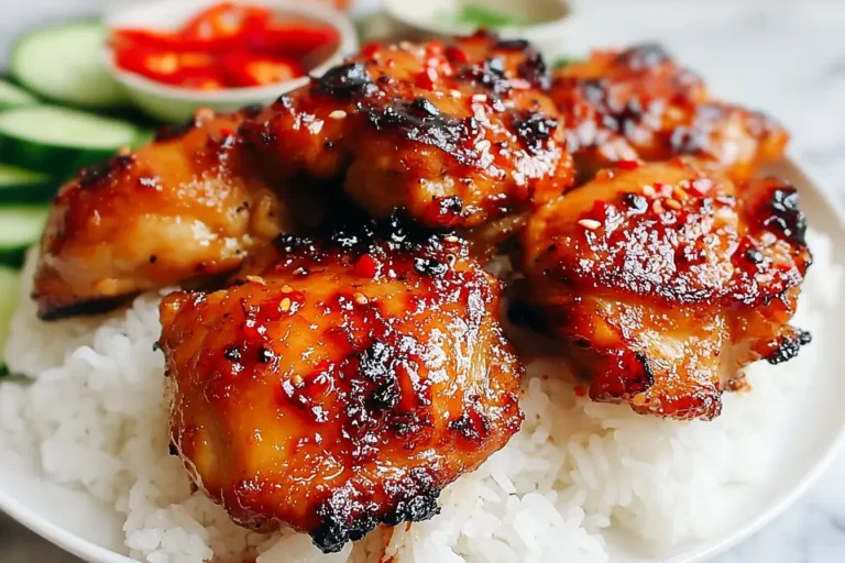 Sticky Sweet Chili Chicken Thighs glazed with sweet chili sauce, served over fluffy white rice.