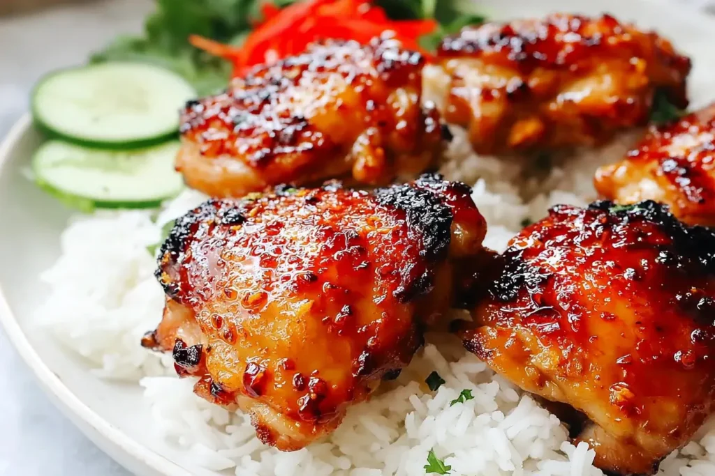 Sweet Chili Chicken Thighs with a sticky glaze served on white rice, garnished with cucumber slices and herbs.