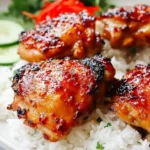 Sweet Chili Chicken Thighs with a sticky glaze served on white rice, garnished with cucumber slices and herbs.