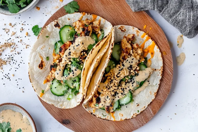 Teriyaki Chicken Tacos topped with creamy sesame dressing, cucumbers, crushed peanuts, and black sesame seeds on flour tortillas.