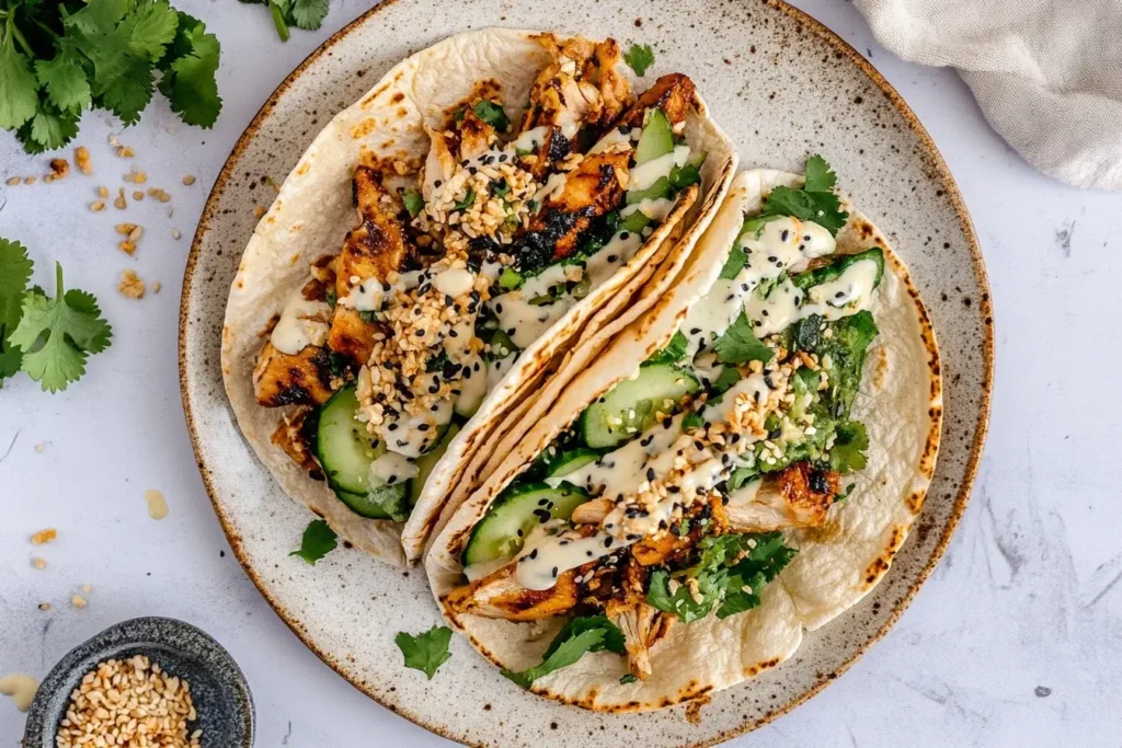 Teriyaki Chicken Tacos with creamy sesame cucumbers, garnished with fresh herbs, sesame seeds, and a drizzle of sauce on flour tortillas.