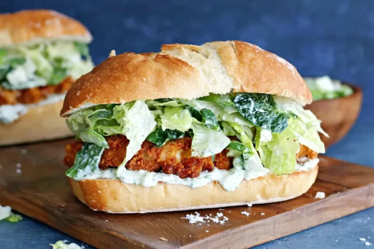 Crispy Chicken Caesar Sandwich with crunchy lettuce and creamy Caesar dressing on a fresh sandwich roll.