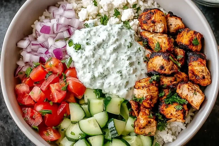 Healthy and Delicious Chicken Gyro Bowls with grilled chicken, tzatziki, feta, cucumbers, tomatoes, and red onion over a rice base.
