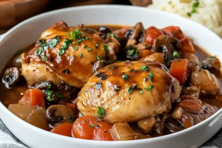 Braised chicken thighs with carrots and mushrooms in a rich sauce—classic Chicken Chasseur served hot and garnished with fresh parsley.