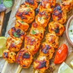 Grilled Greek Chicken Kabob skewers served with lemon wedges and a bowl of tzatziki sauce on parchment paper.