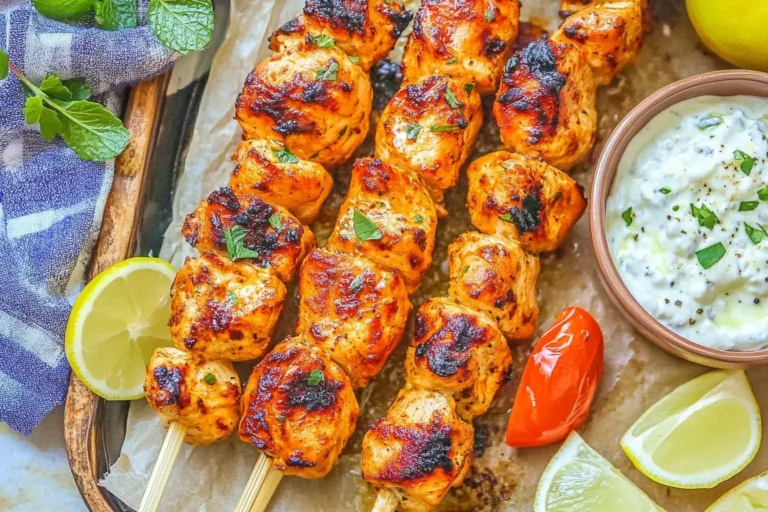 Grilled Greek Chicken Kabob skewers served with lemon wedges and a bowl of tzatziki sauce on parchment paper.