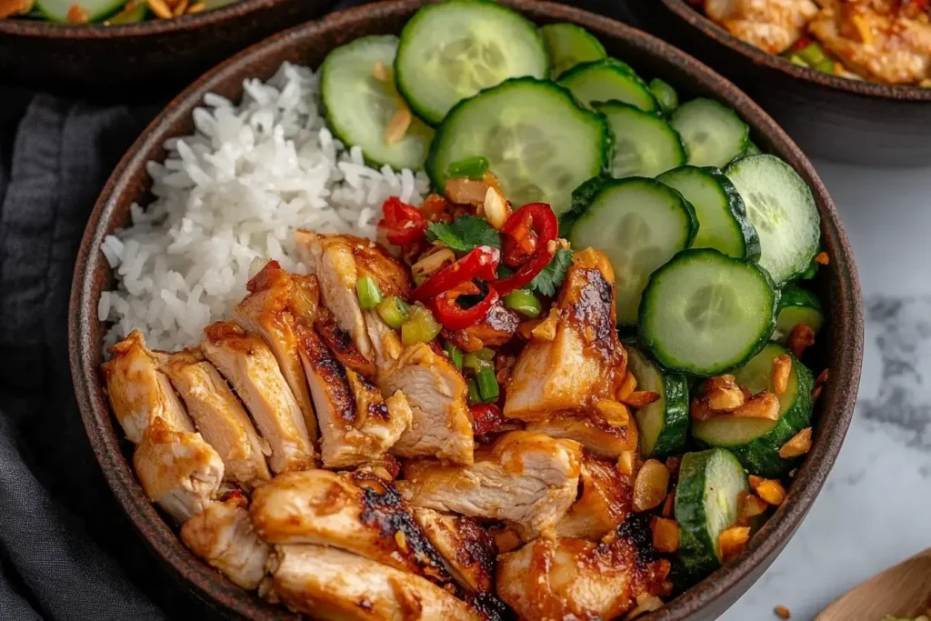 Sweet Chili Rotisserie Chicken Bowls with sliced cucumbers, jasmine rice, and chili-topped chicken in a dark ceramic bowl.