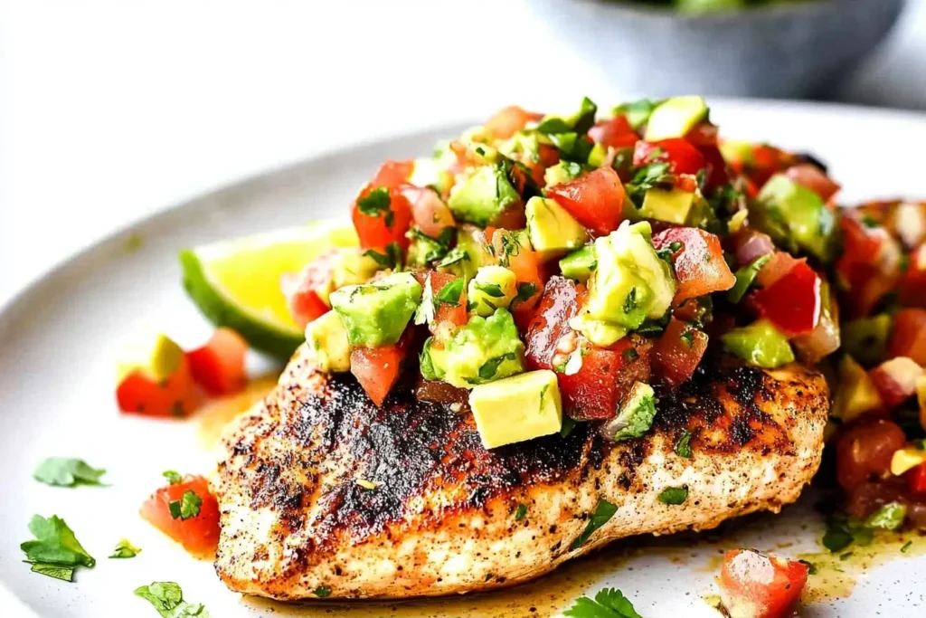 Grilled Fiesta Lime Chicken with Avocado Salsa served on a white plate with lime wedges.
