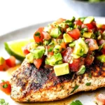 Grilled Fiesta Lime Chicken with Avocado Salsa served on a white plate with lime wedges.