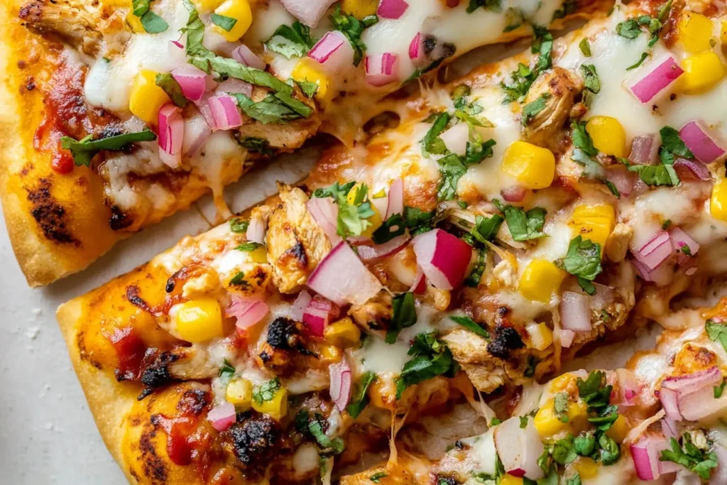 Close-up of Grilled Summer BBQ Chicken Pizza slices topped with melted cheese, grilled chicken, corn, red onions, and fresh herbs.