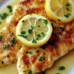 Barefoot Contessa Chicken Piccata served with lemon slices and parsley in a buttery lemon sauce.