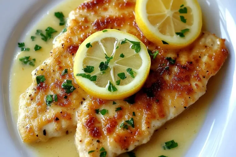 Barefoot Contessa Chicken Piccata served with lemon slices and parsley in a buttery lemon sauce.