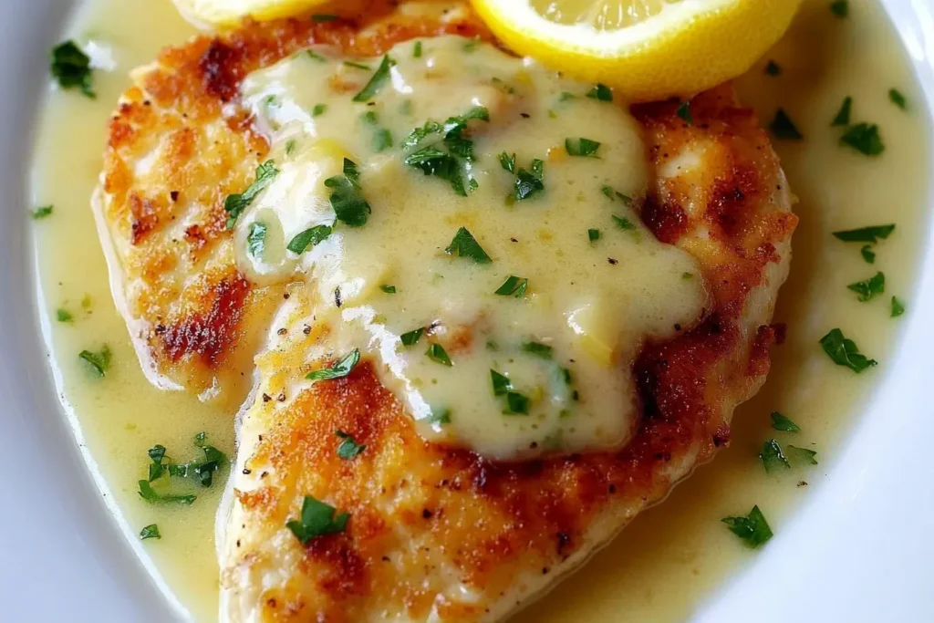 Barefoot Contessa Chicken Piccata with lemon-butter sauce and fresh parsley on a white plate.