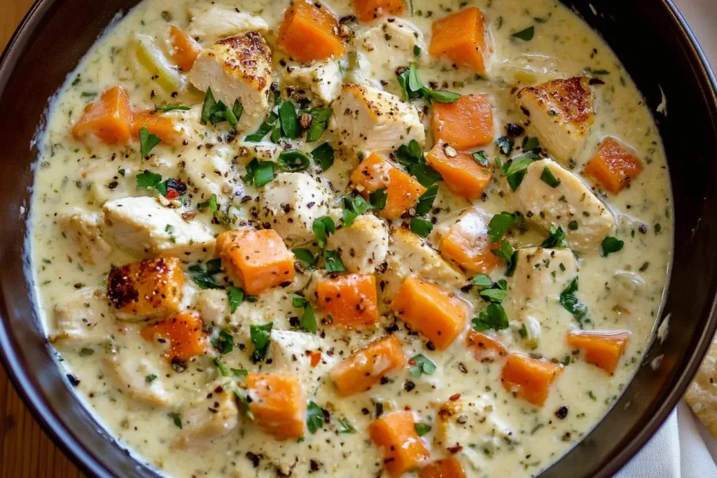 Bowl of creamy Crack Chicken and Rice Soup with chunks of chicken, carrots, and fresh herbs.