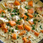 Bowl of creamy Crack Chicken and Rice Soup with chunks of chicken, carrots, and fresh herbs.
