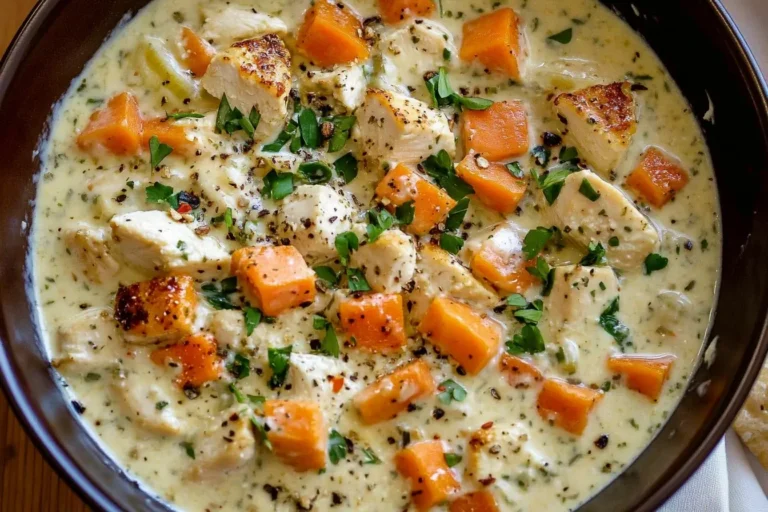 Bowl of creamy Crack Chicken and Rice Soup with chunks of chicken, carrots, and fresh herbs.