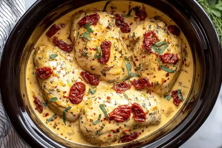 Crockpot Marry Me Chicken slow-cooked in creamy sauce with sun-dried tomatoes and herbs.