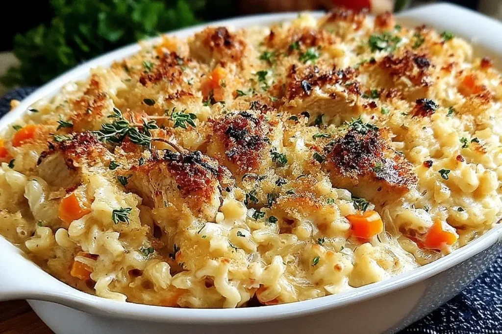 Creamy Chicken Rice-a-Roni Casserole topped with golden, crispy breadcrumbs and fresh herbs in a white baking dish.
