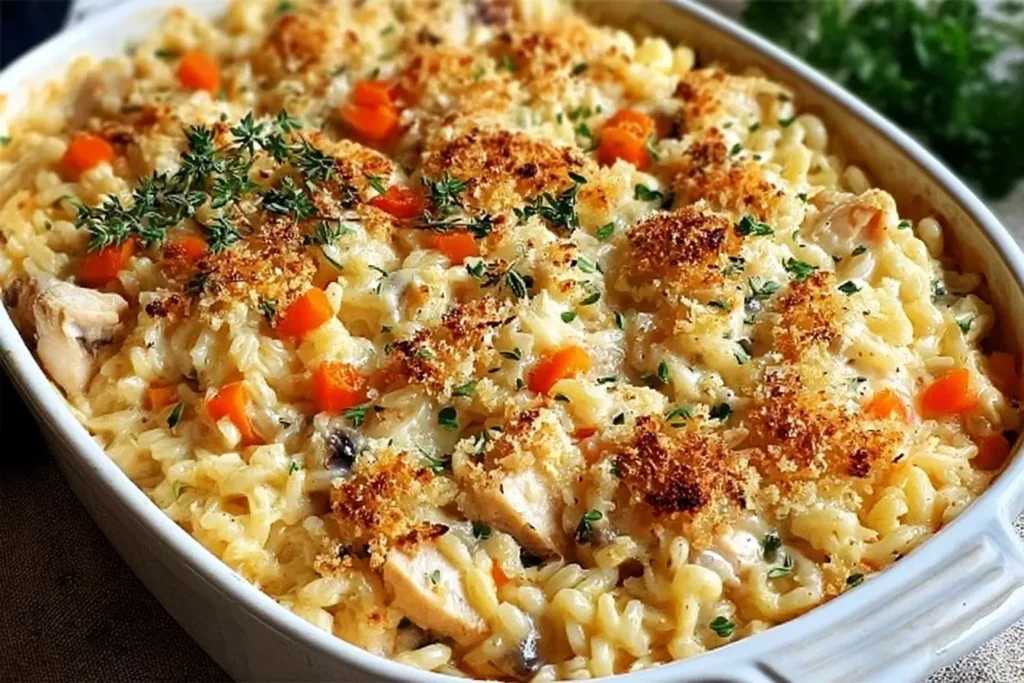 Baked Chicken Rice-a-Roni Casserole with golden breadcrumbs, tender chicken, carrots, and creamy sauce in a white baking dish.